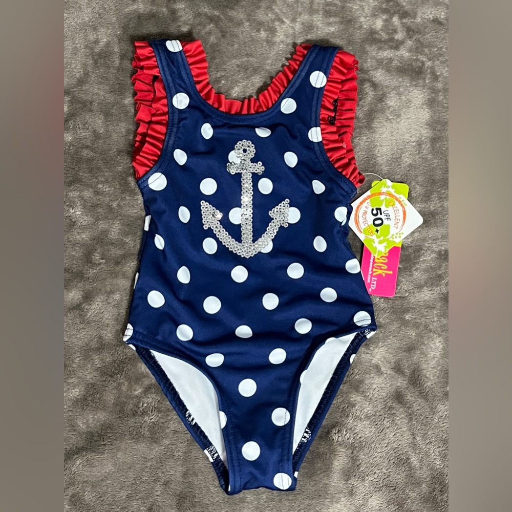 BNWT Baby Girls Navy Polka Dot Swimsuit with Anchor Design 12 Mo or 1 Year Old